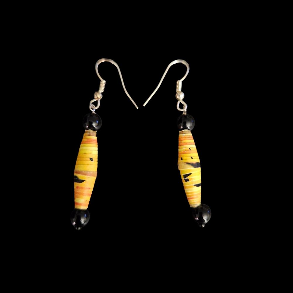 African Style Trade Bead Earrings Yellow Black Dangle Handmade